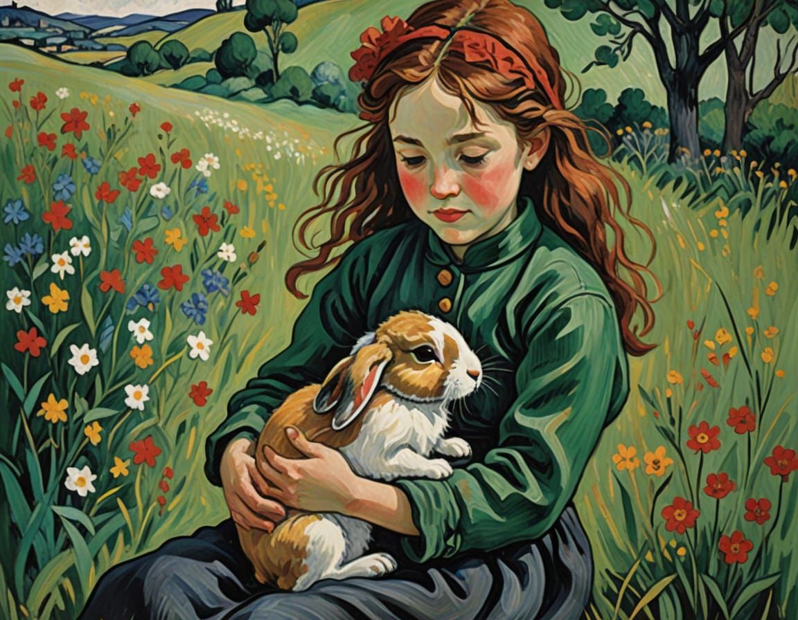 Child Cradles Rabbit in Serene Meadow