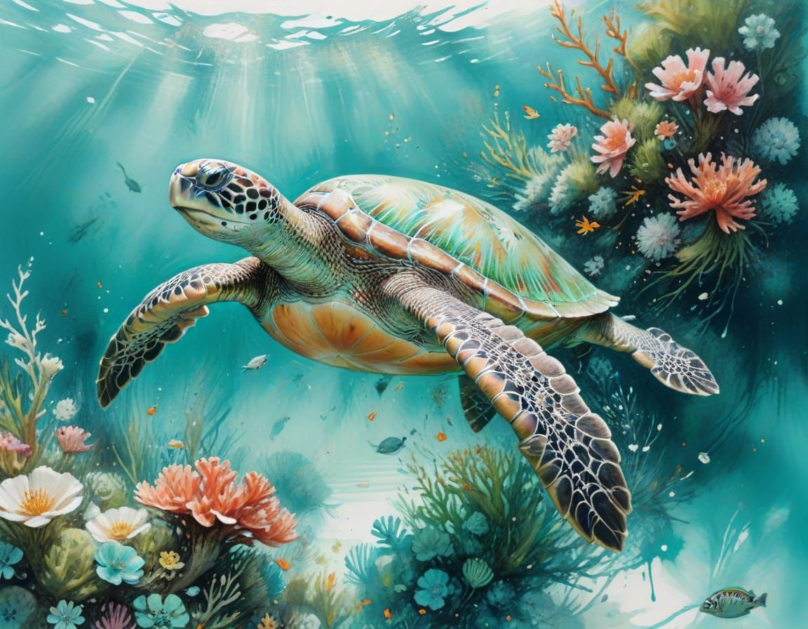 Sea Turtle Gliding Over Coral Reef in Watercolor