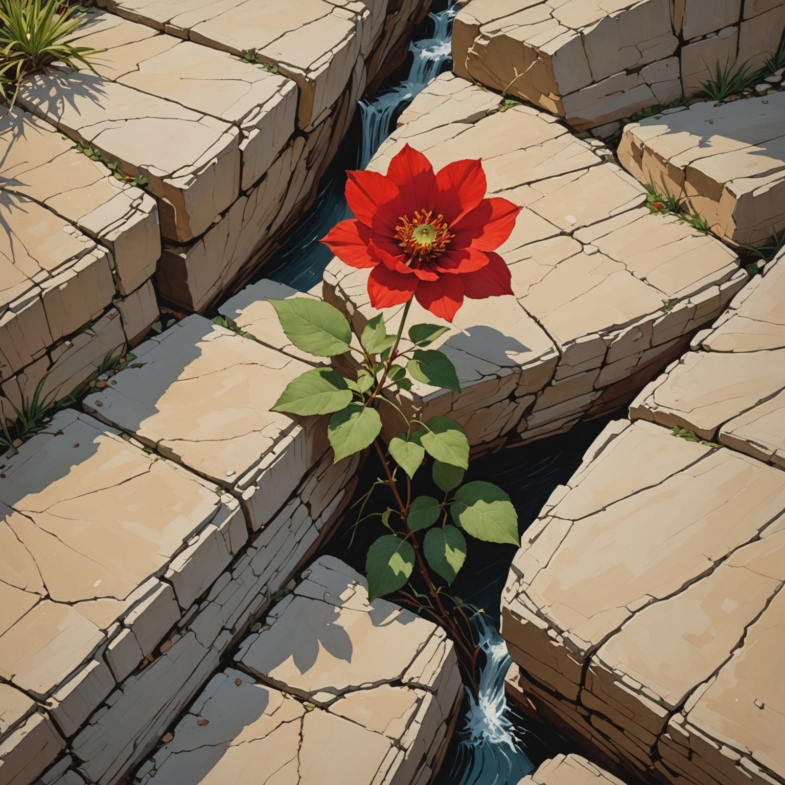 Red Flower Growing in Rocks, Pre-Raphaelite Anime