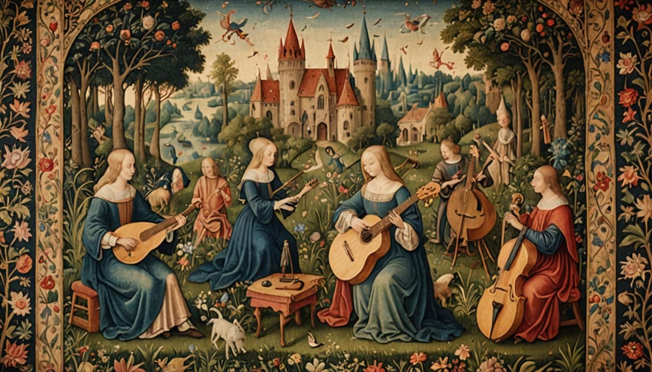 Medieval Tapestry of Musical Instruments in Lush Garden