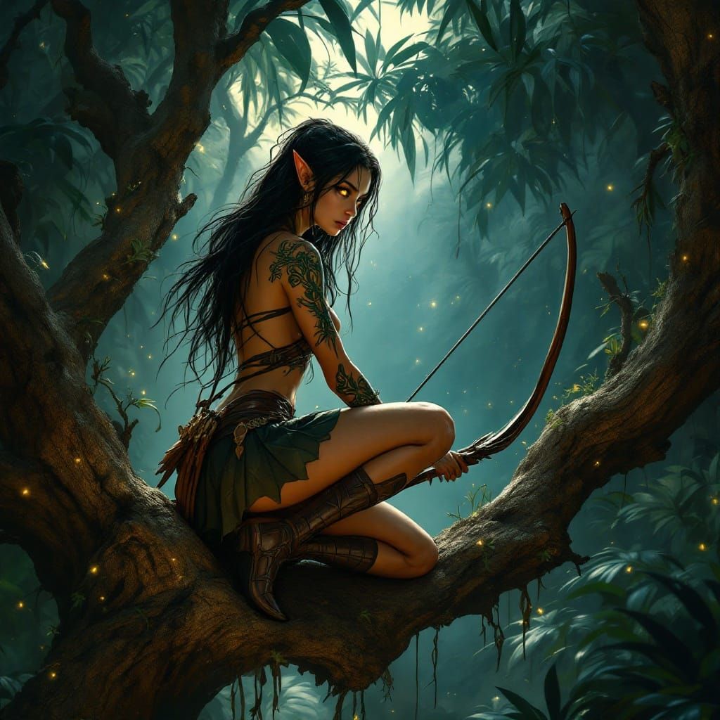 Elven Hunter in Tropical Rainforest Moonlit Ambush