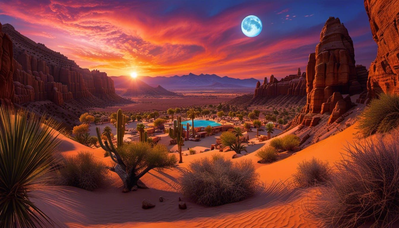 Desert Oasis Sunset with Elves and Twin Moons