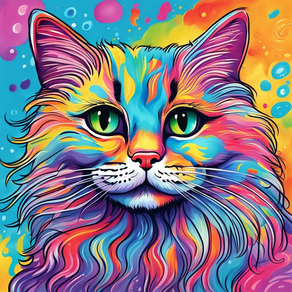 Fluffy Cat Illustration in Lisa Frank Style
