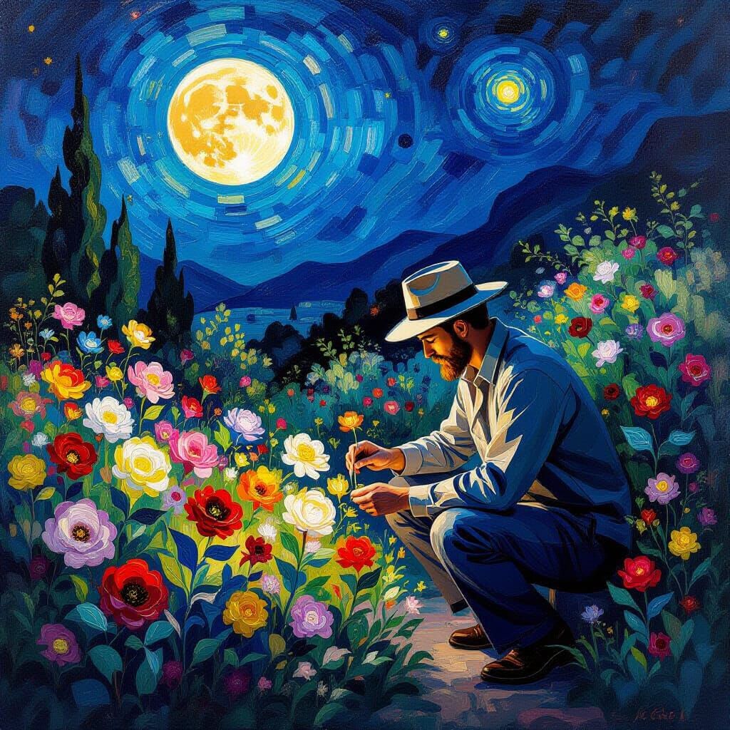 Astronomer's Celestial Garden in Neo-Impressionist Style