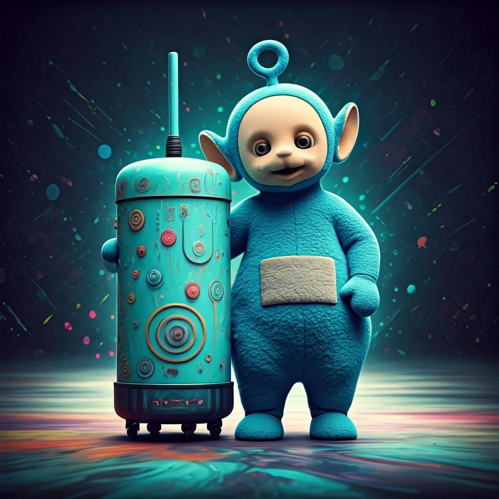 Teletubby with Vibrant Vacuum Cleaner in Whimsical Urban Sce...