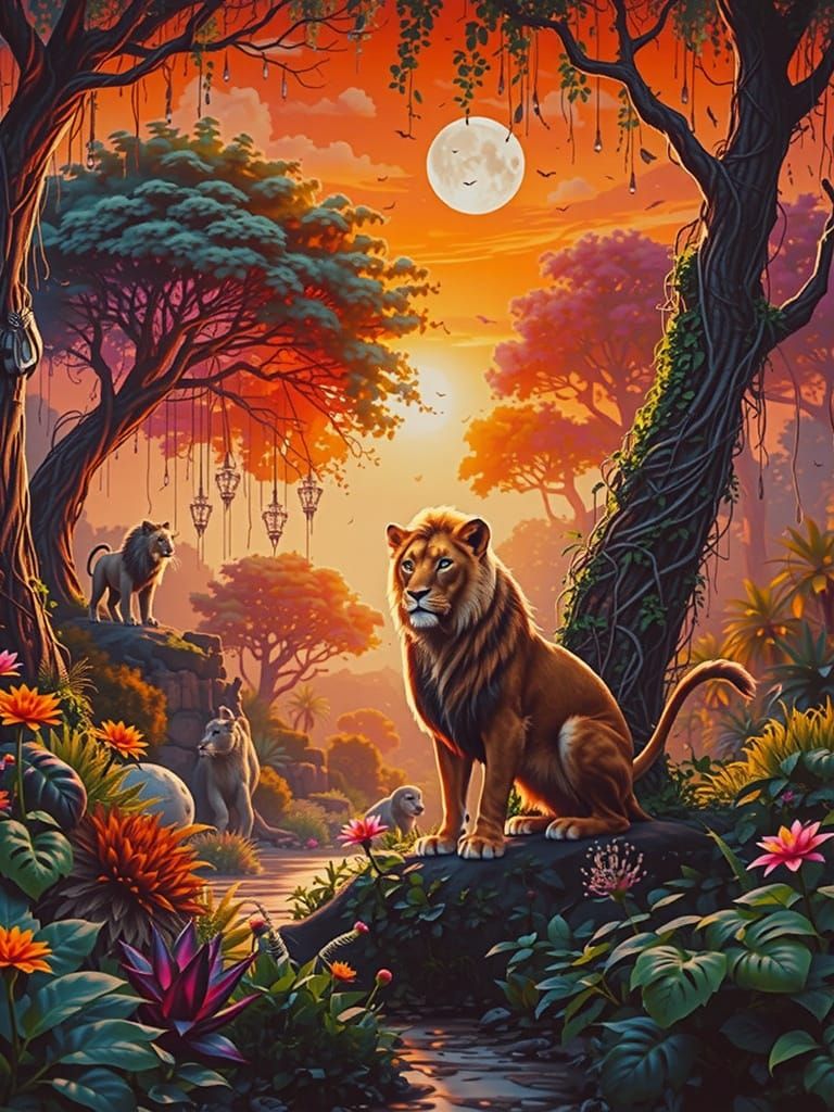 Majestic Lion sitting under a beautiful tree in a lush jungl...