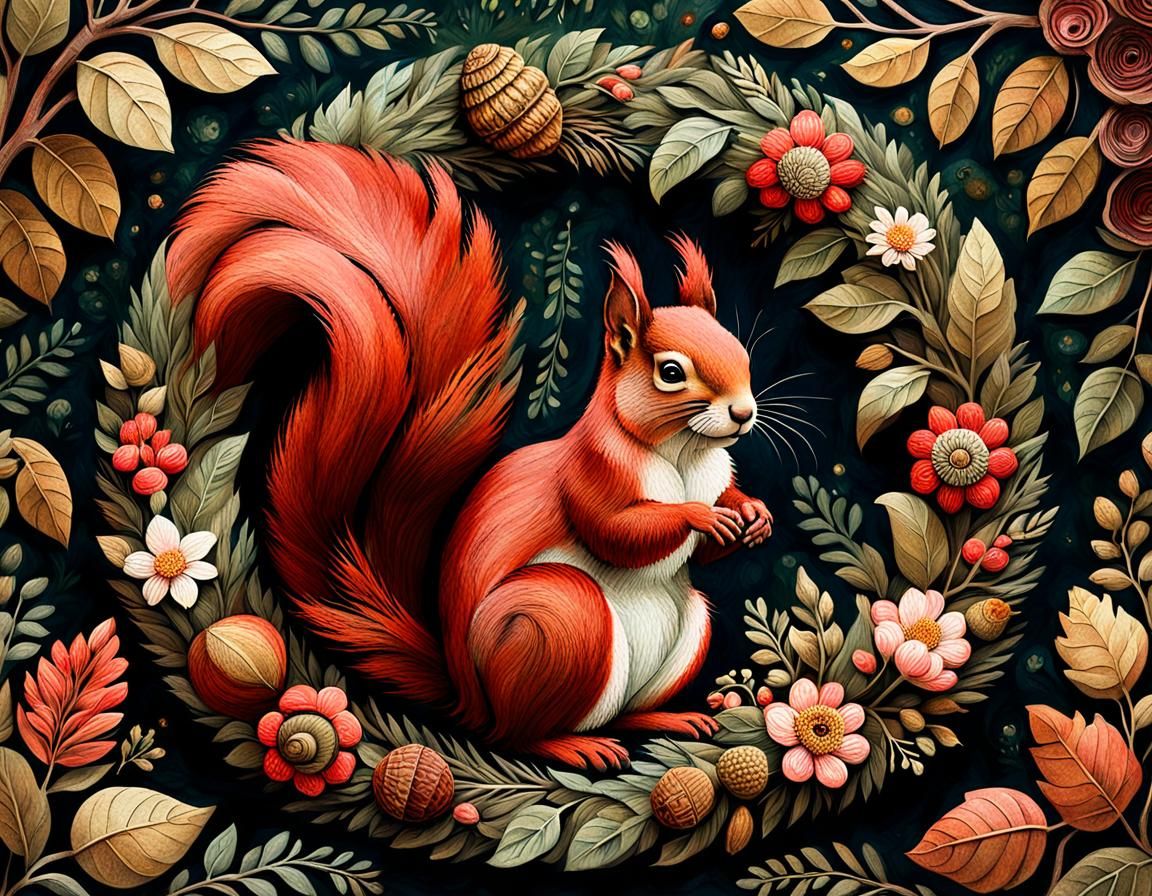 Naïve folk art. Medium shot. A red squirrel
