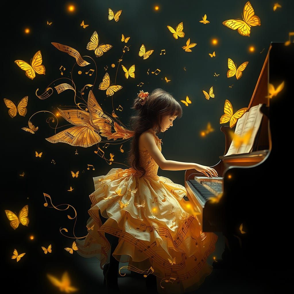 Enchanting Girl Plays Piano in Magical Musical Notes Setting