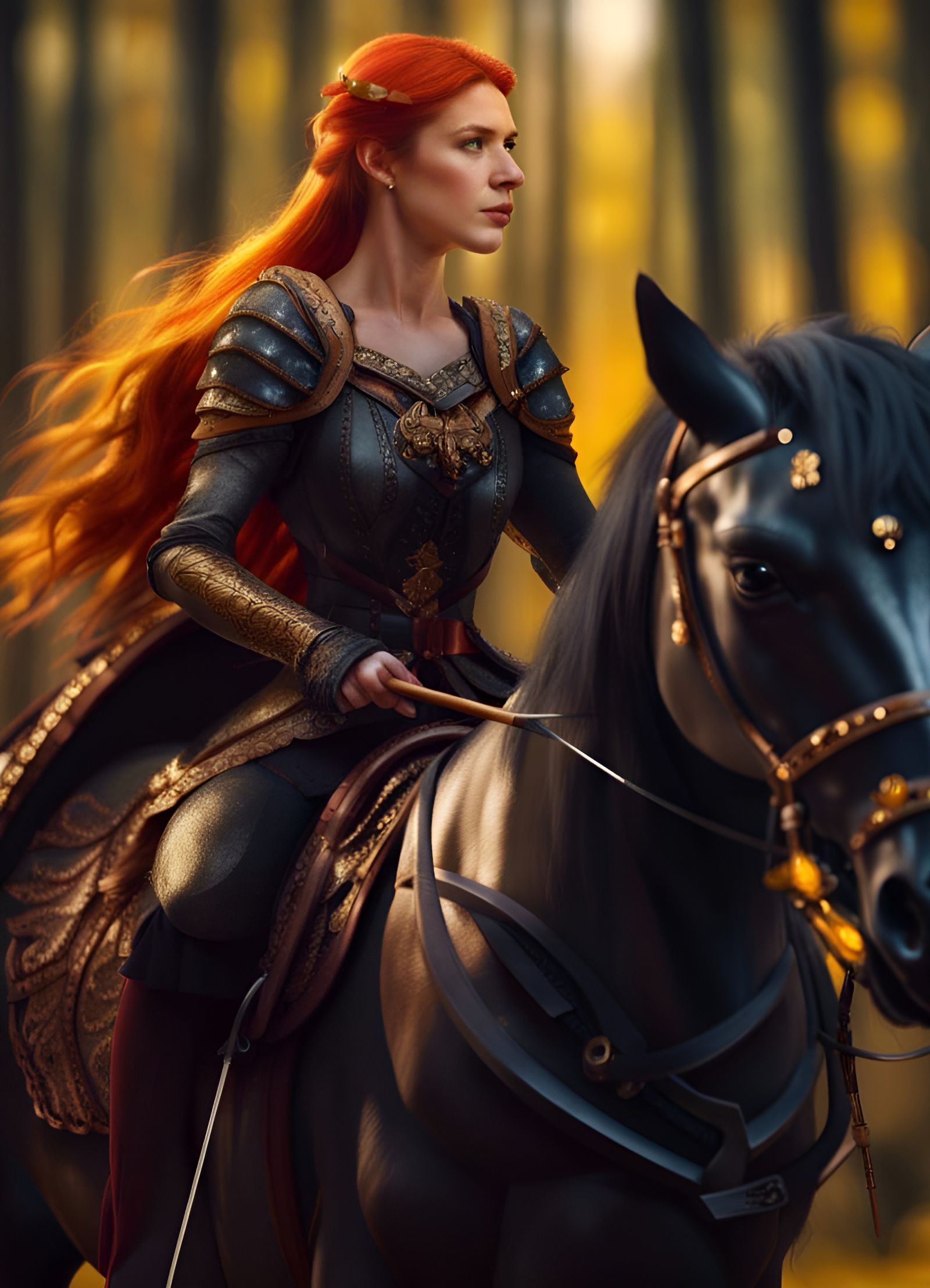 Red-Haired Archer on Clydesdale Horse in Forest