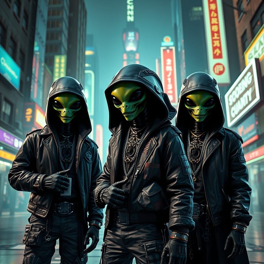 Cyberpunk Alien Gangsters in Futuristic Cityscape