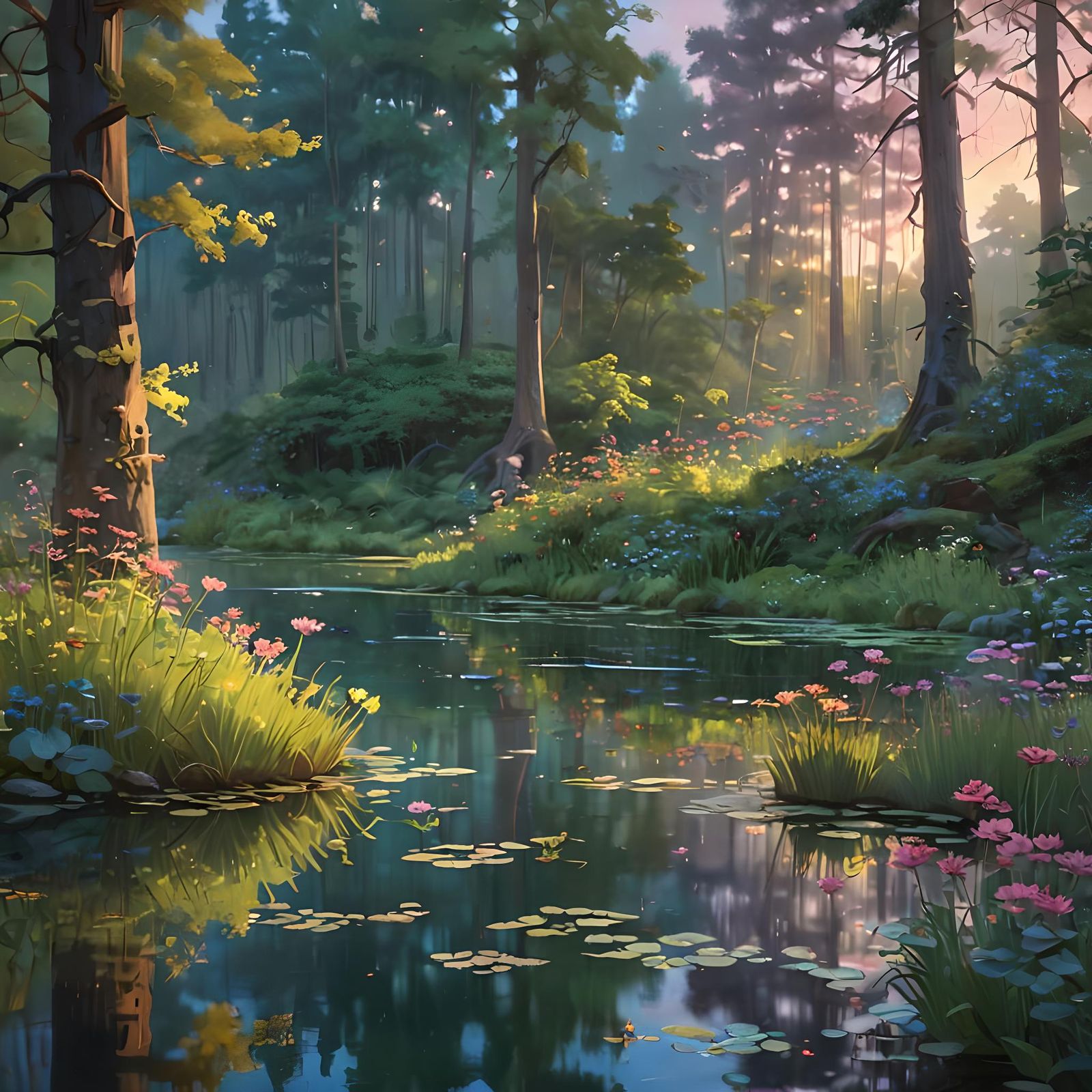 Enchanted Forest Clearing at Twilight, Illustrative Style