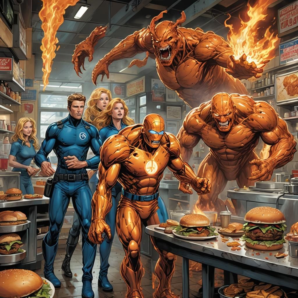 Marvel Comics Heroes Meet in a Burger Shop: A Surreal Blend....
