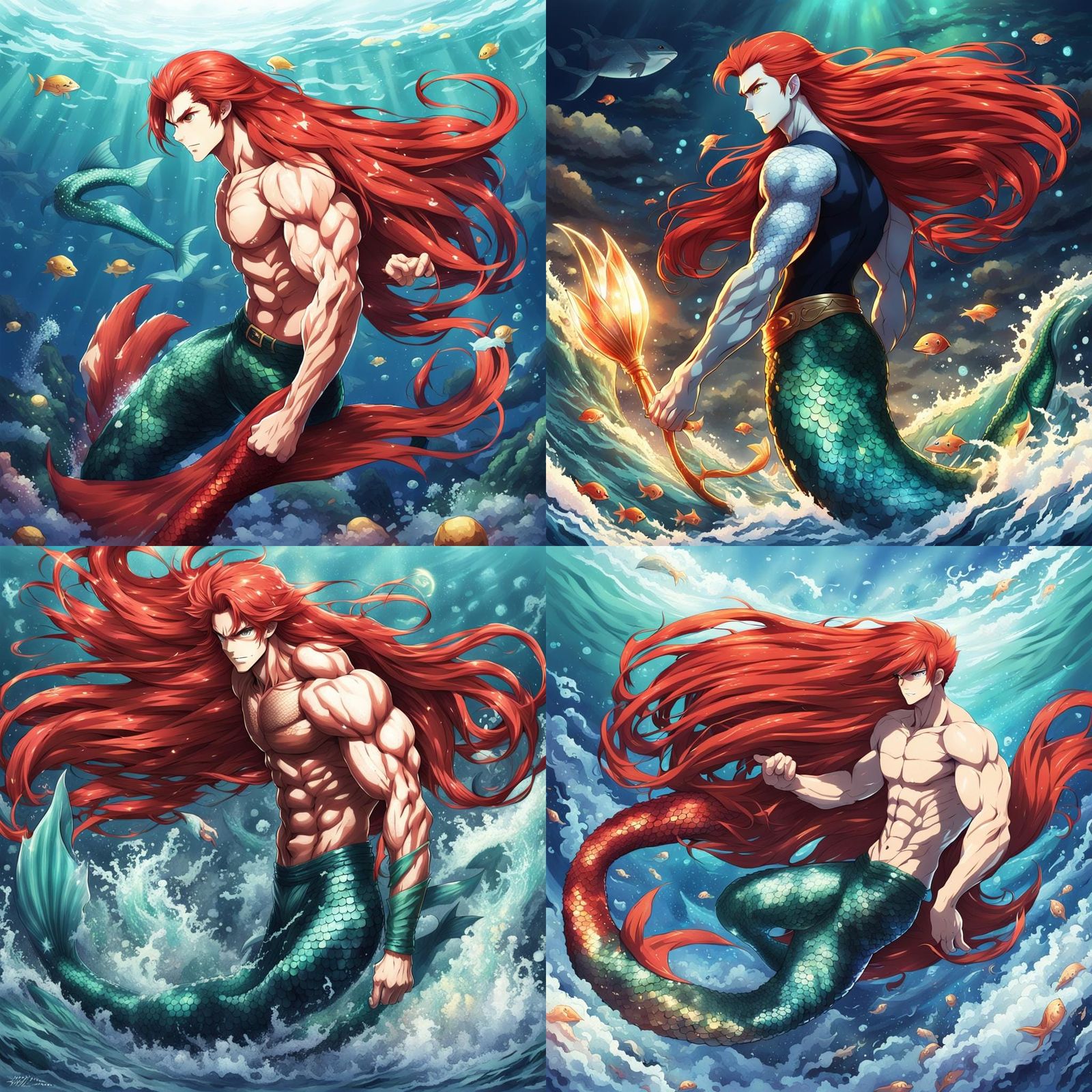 Anime Style Merman with Flowing Red Hair