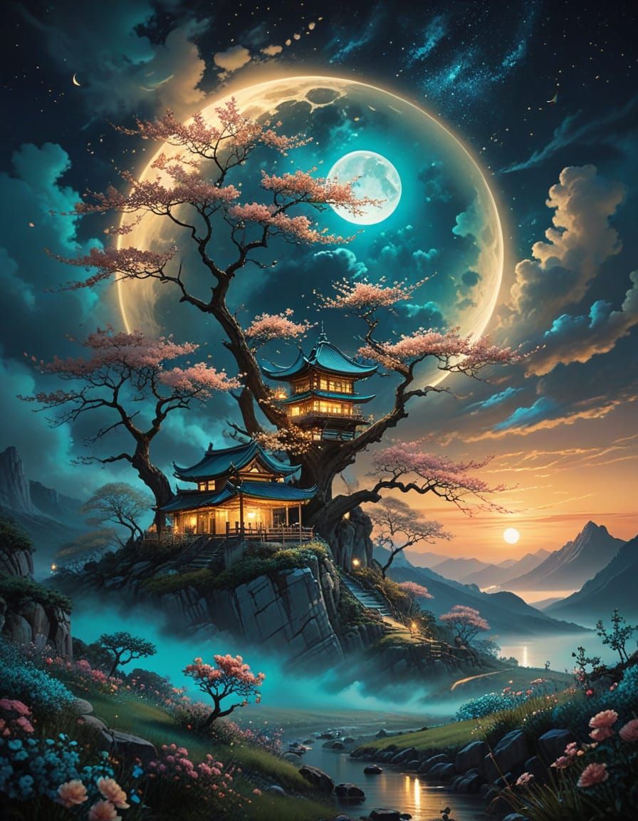 Surreal Moonlit Night Landscape in Dreamy Manga Style
