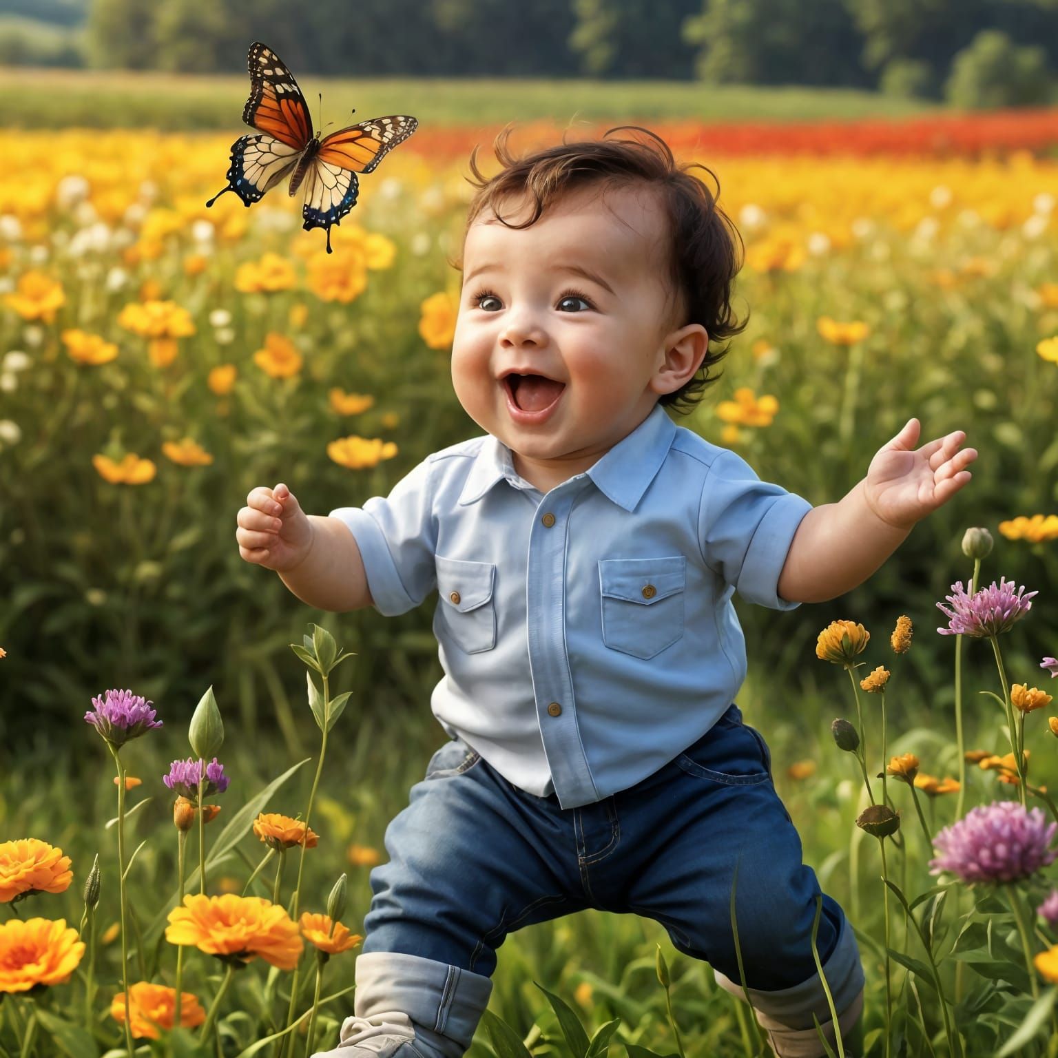 Baby's Joy: Butterfly in a Flower Field