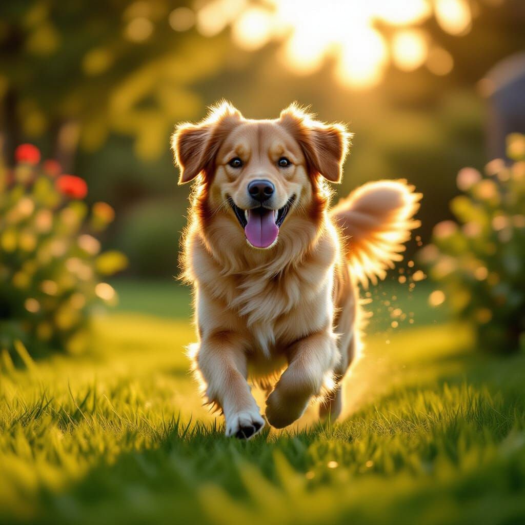 Golden Retriever Playing in Golden Hour Yard