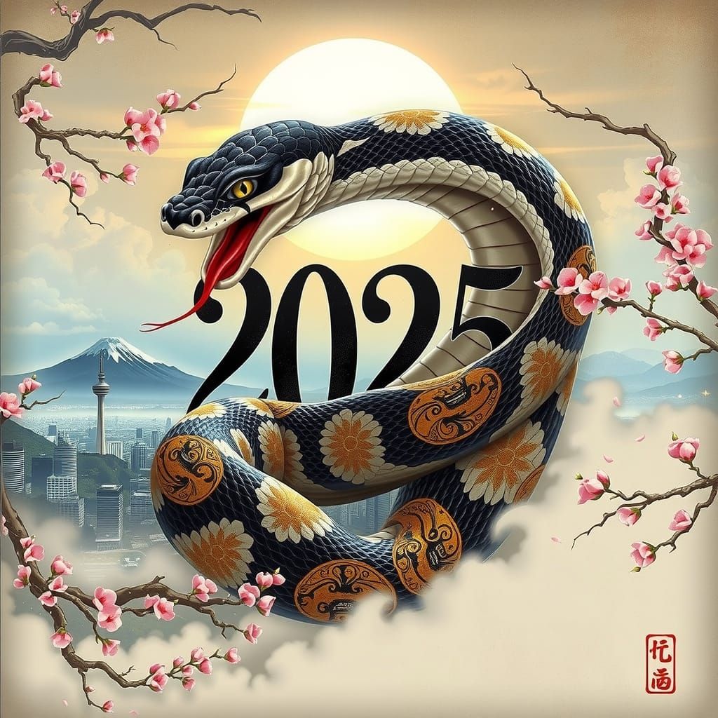 Majestic Piebald Snake Entwined with Japanese Calligraphy