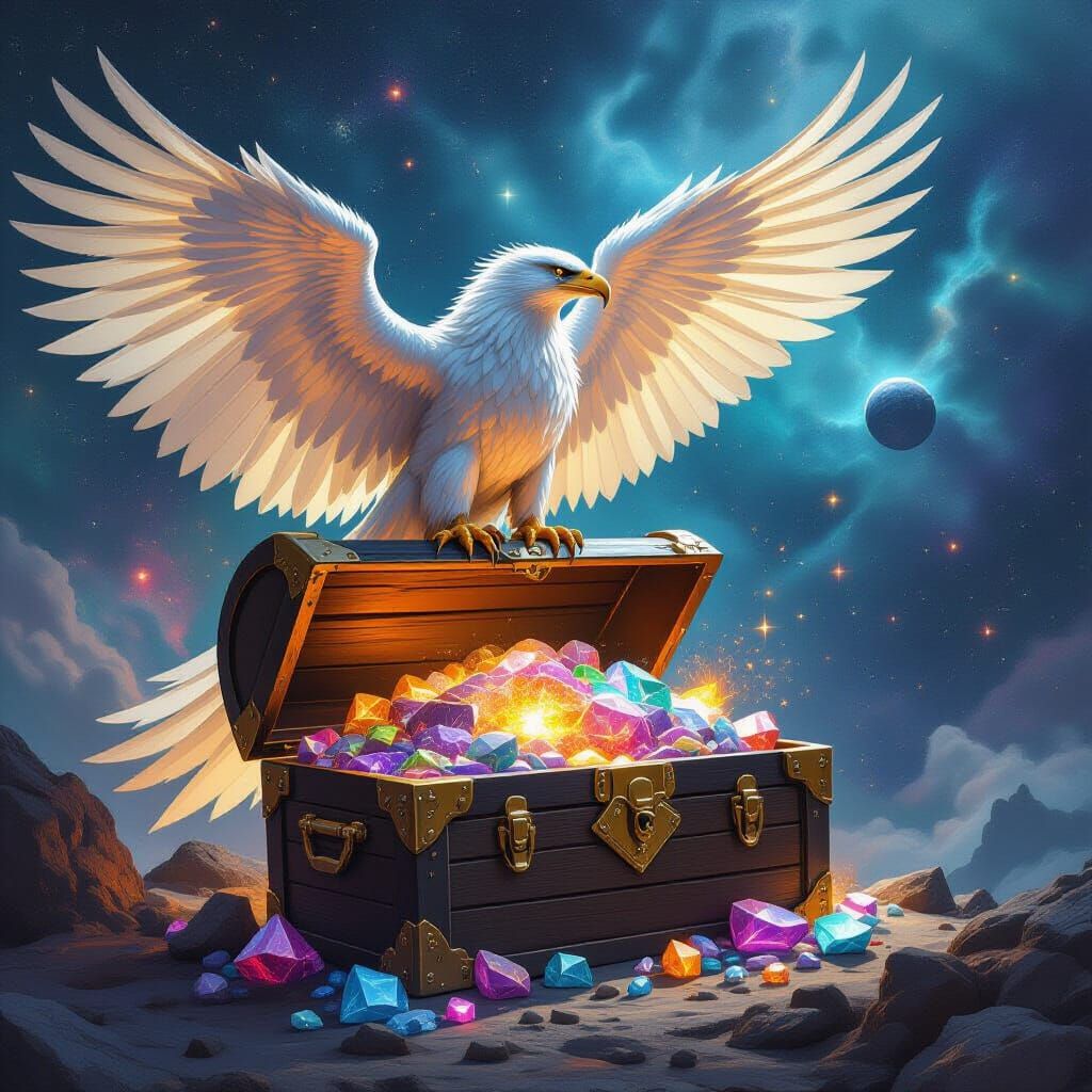 Griffin Guarding Cosmic Treasure Chest Painting