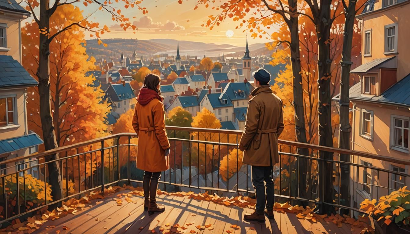 Autumnal Town in Vibrant Oil Painting Style