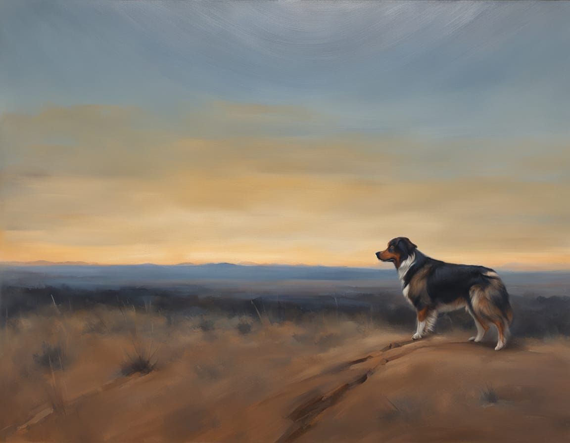 Australian Shepherd in Tonalist Landscape Painting