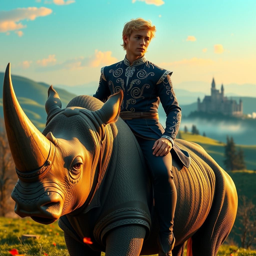 Prince on Ancient Rhino in Regal Attire, Sunset Landscape