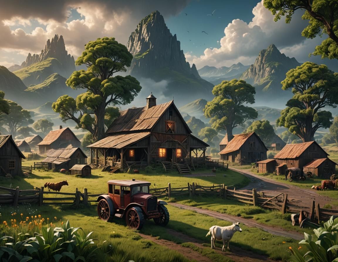 Fantastical Farm Life: Detailed Matte Painting in 8K