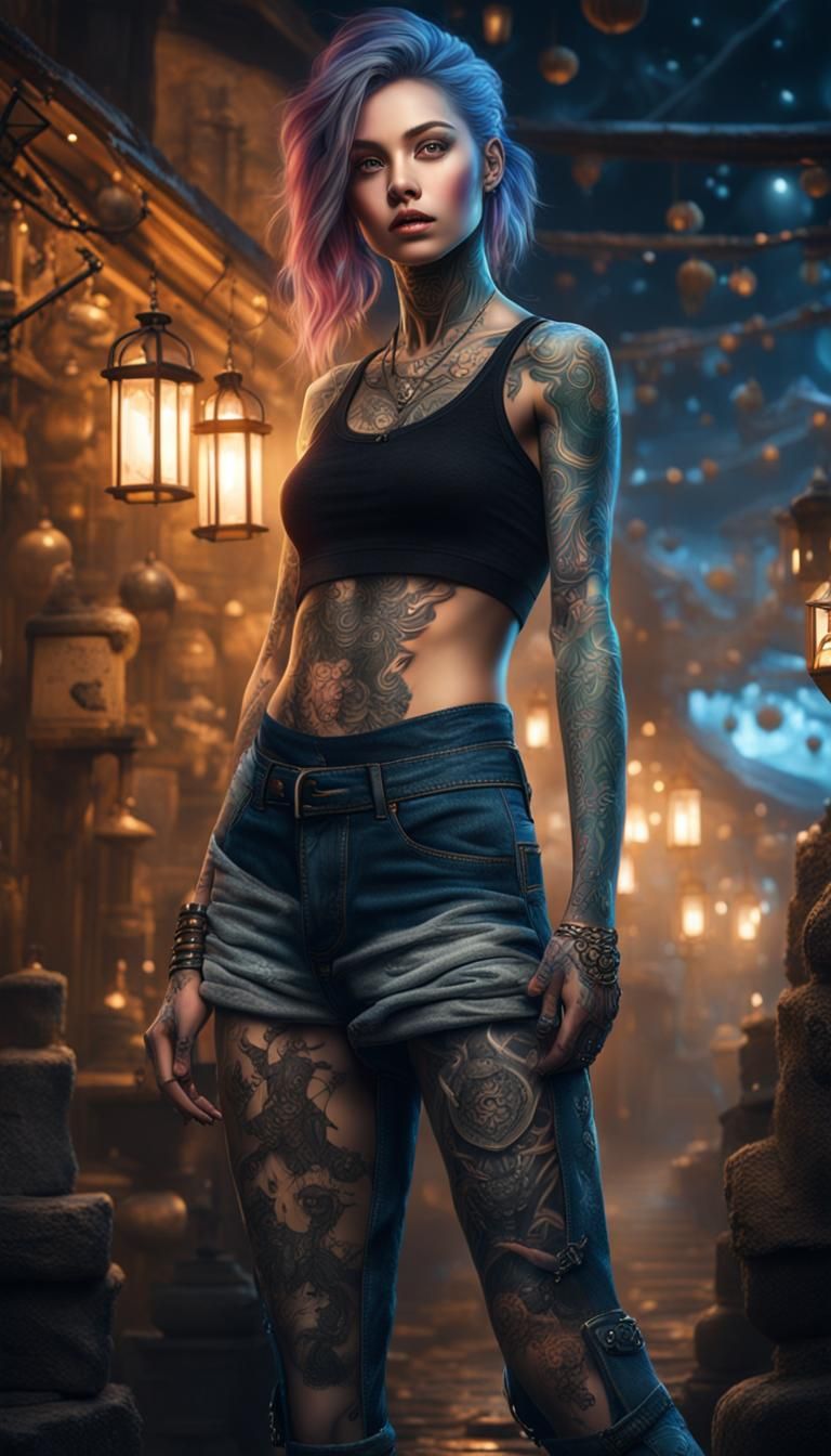 Tattooed Woman in Epic Fantasy Art, Night