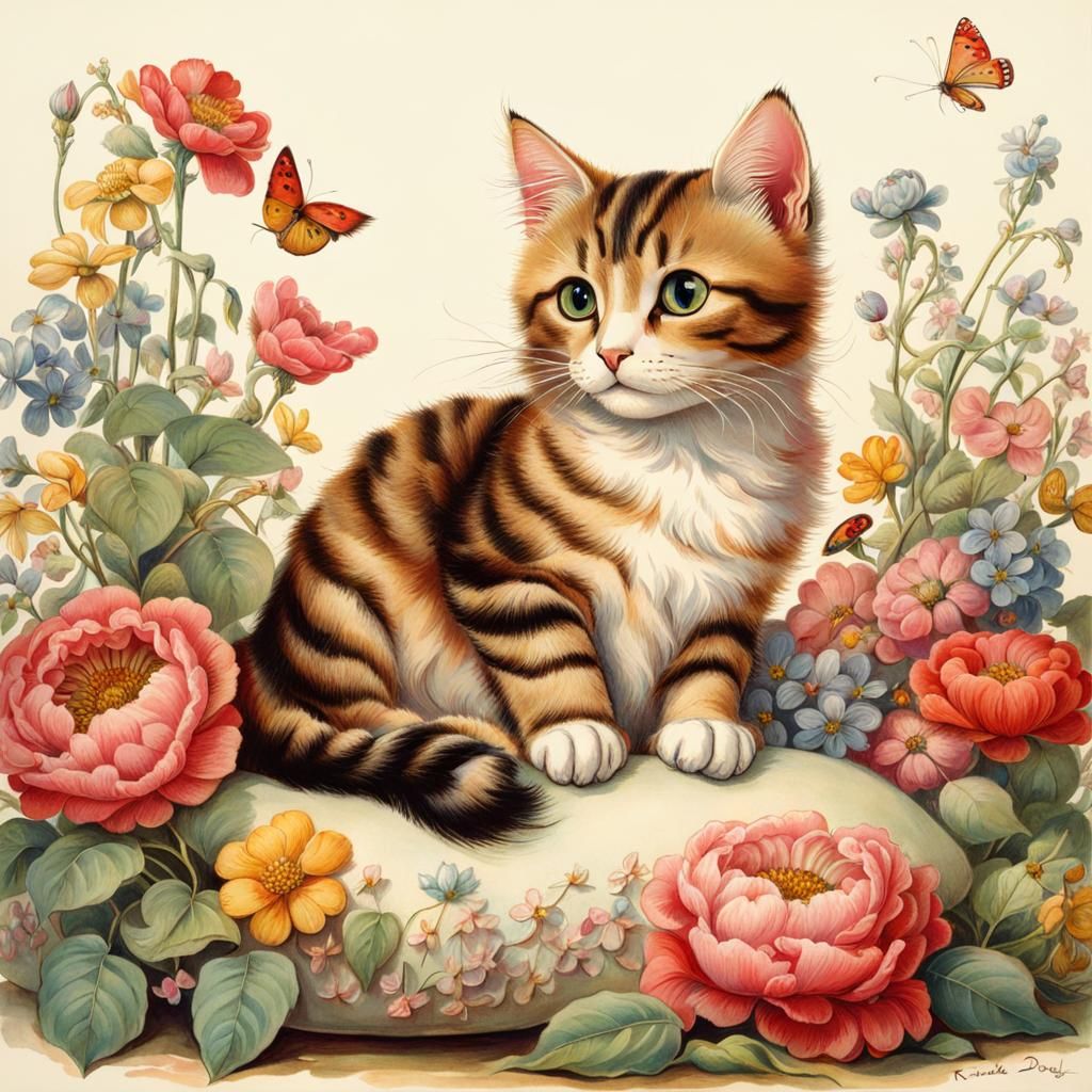 Cat on Pillow with Flowers in Doyle Style