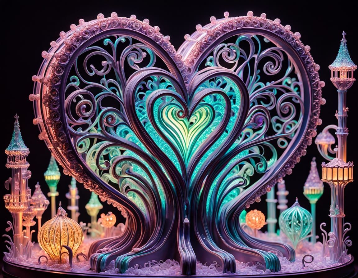Whimsical Sugar Heart Sculpture with Glowing Inscription