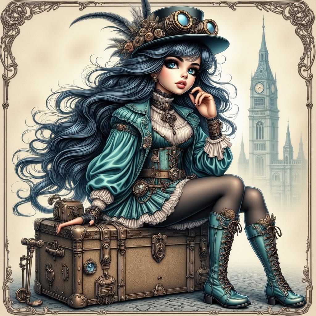 Steampunk Girl on Vintage Trunk in Soft Pastel Style