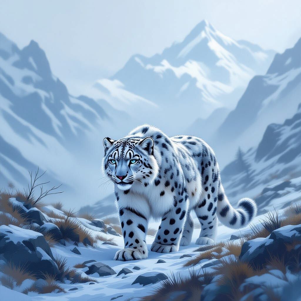 Snow Leopard in Misty Himalayan Landscape as Digital Art