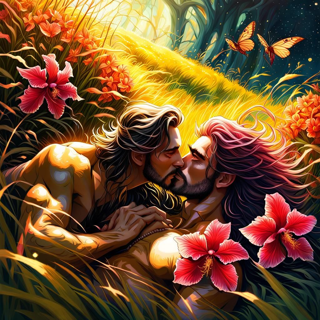 Elven Nymphs Kiss in Sunlit Orchid Meadow