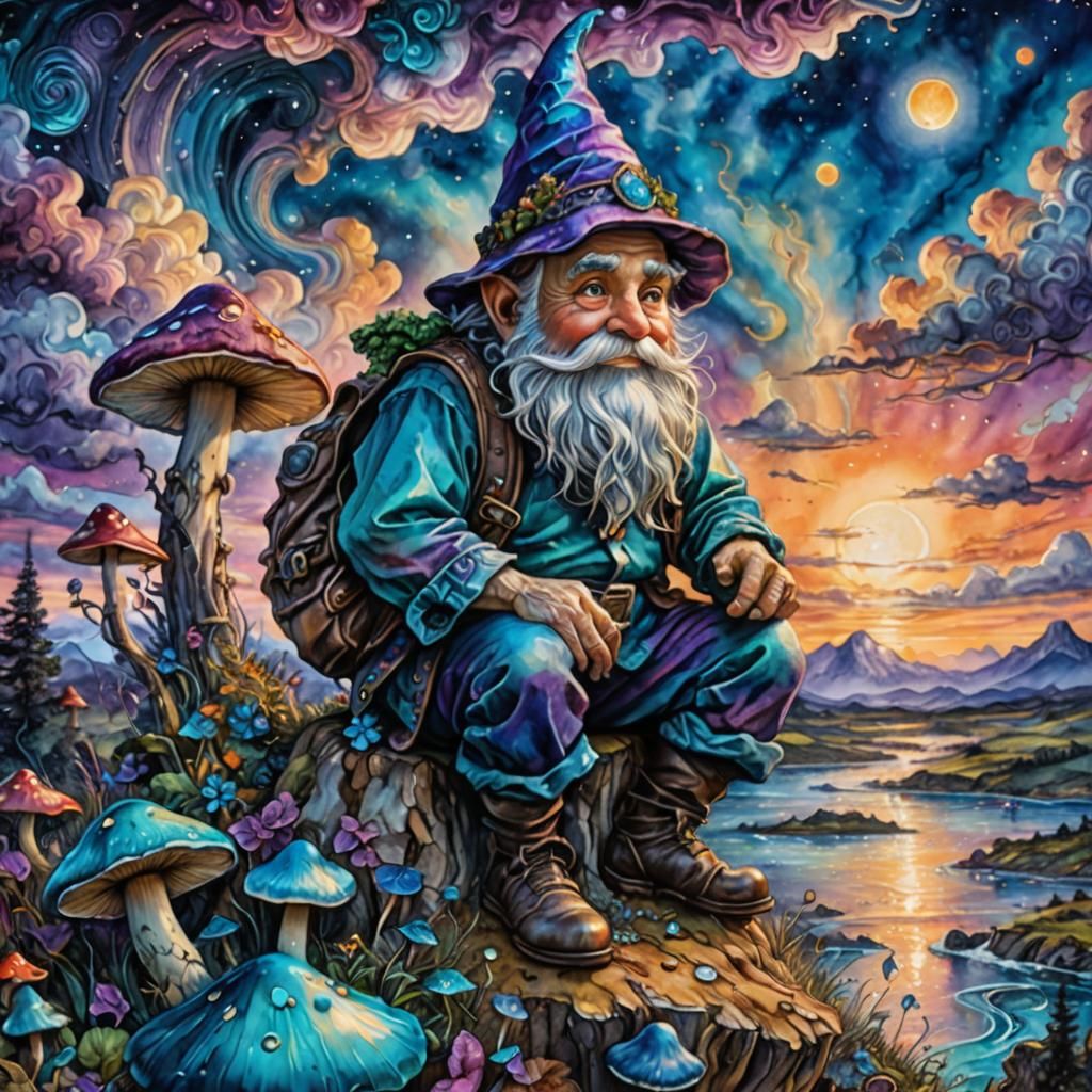 Gnome Watching Sunset: Whimsical Watercolour Impasto Art