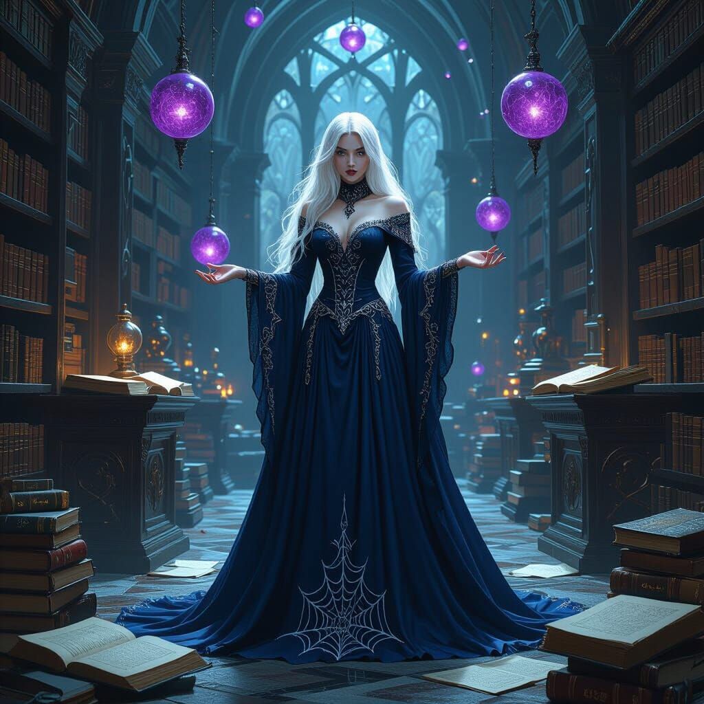 Drow Enchantress in Obsidian Library, Dark Fantasy Style
