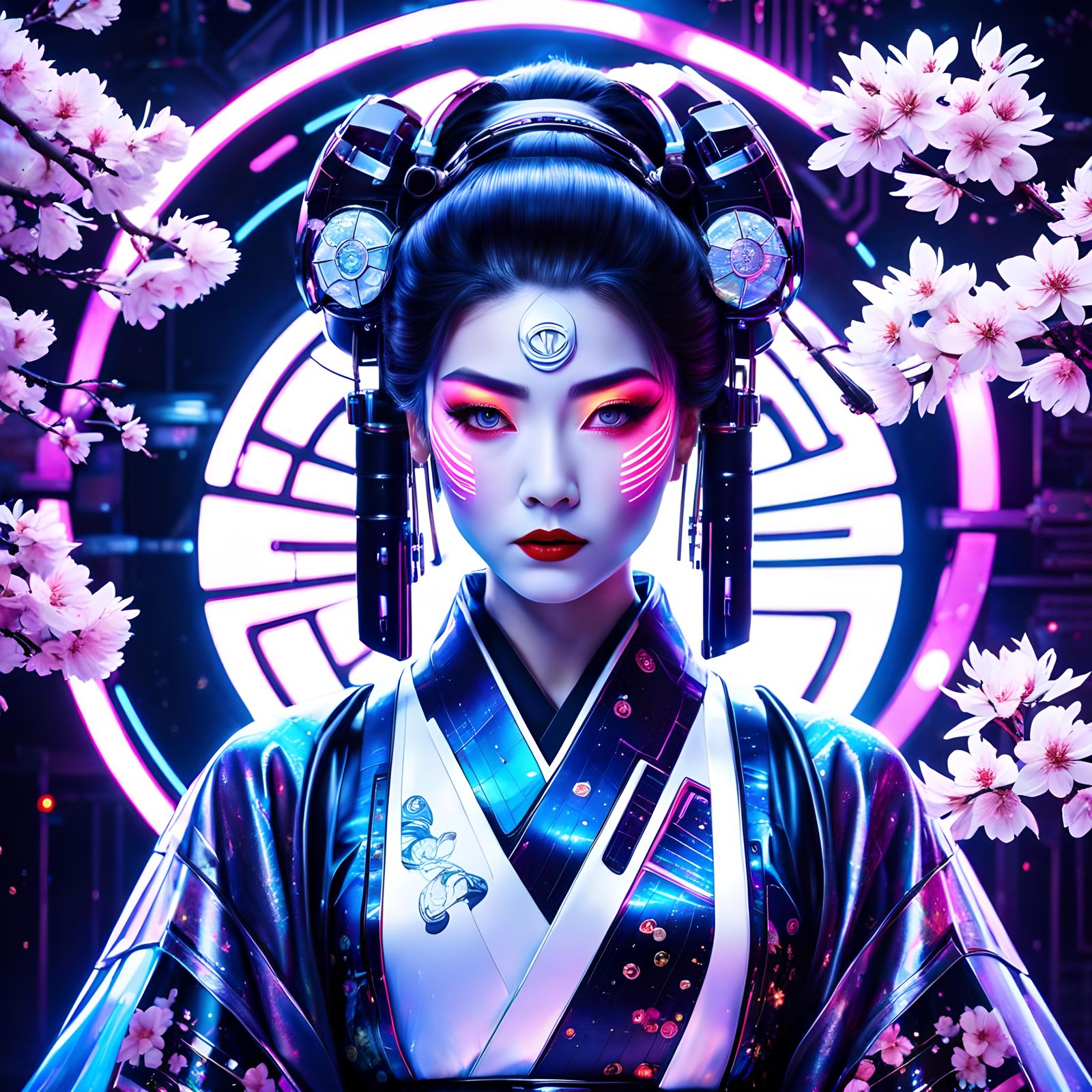 Futuristic Geisha in Cyberpunk Style with Neon Lights