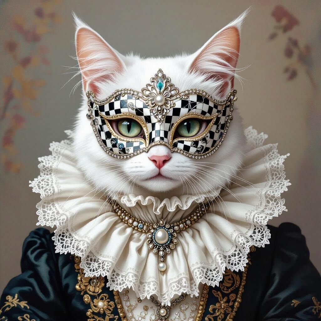 Baroque Cat in Venetian Mask: A Regal Portrait