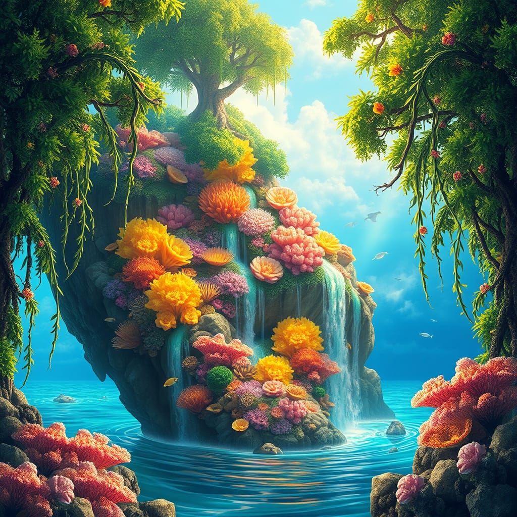 Iridescent Fantasy Coral Reef with Waterfall in Holographic ...