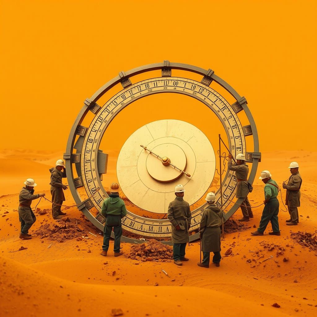 Micro People Construction Site Crafting a Colossal Bronze Sundial in a Solar Desert