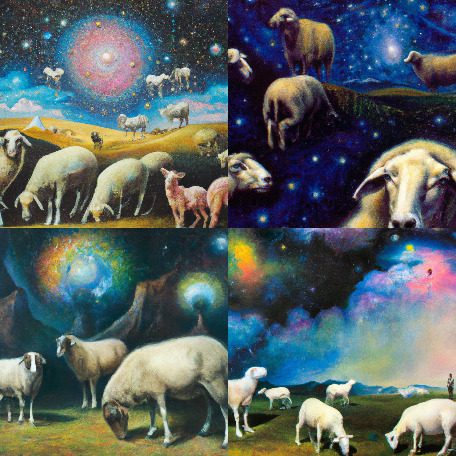 Surreal Sheep Graze as Stars Melt: Oil Painting