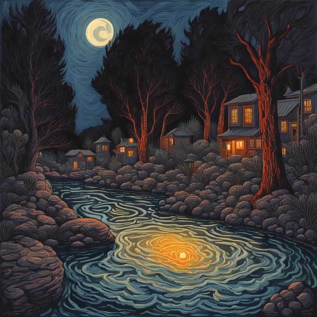 Spell In a Riverside Hotsprings in the Dead of Night, Dark Night Colors, Linocut