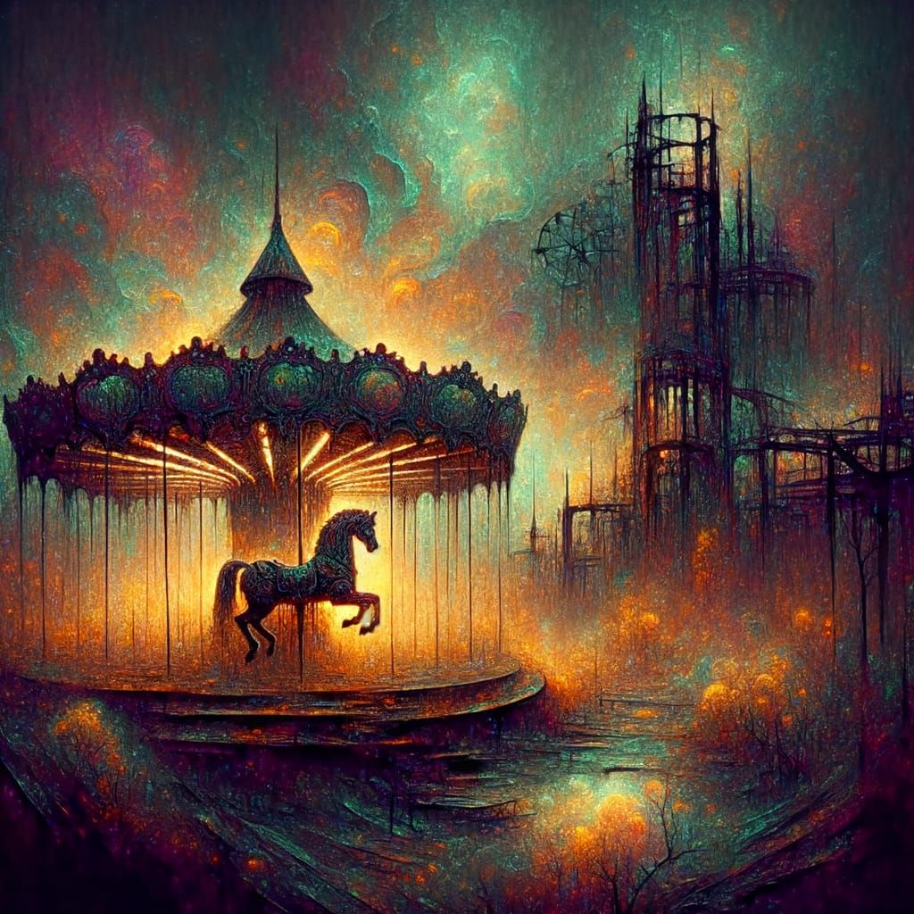 Eerie Abandoned Fairground at Night, Surreal Art