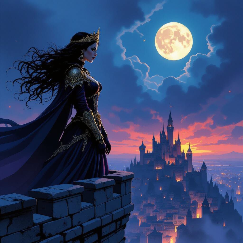 Regal Princess on Castle Battlement in Comic Book Style