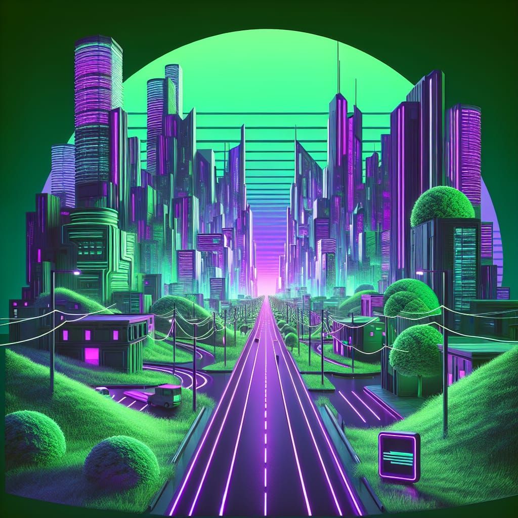 Neon Road in Green Cyberpunk Suburb