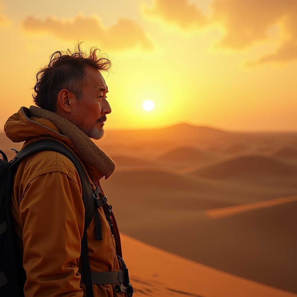 Desert Sunset: Solitary Figure in Cinematic Light