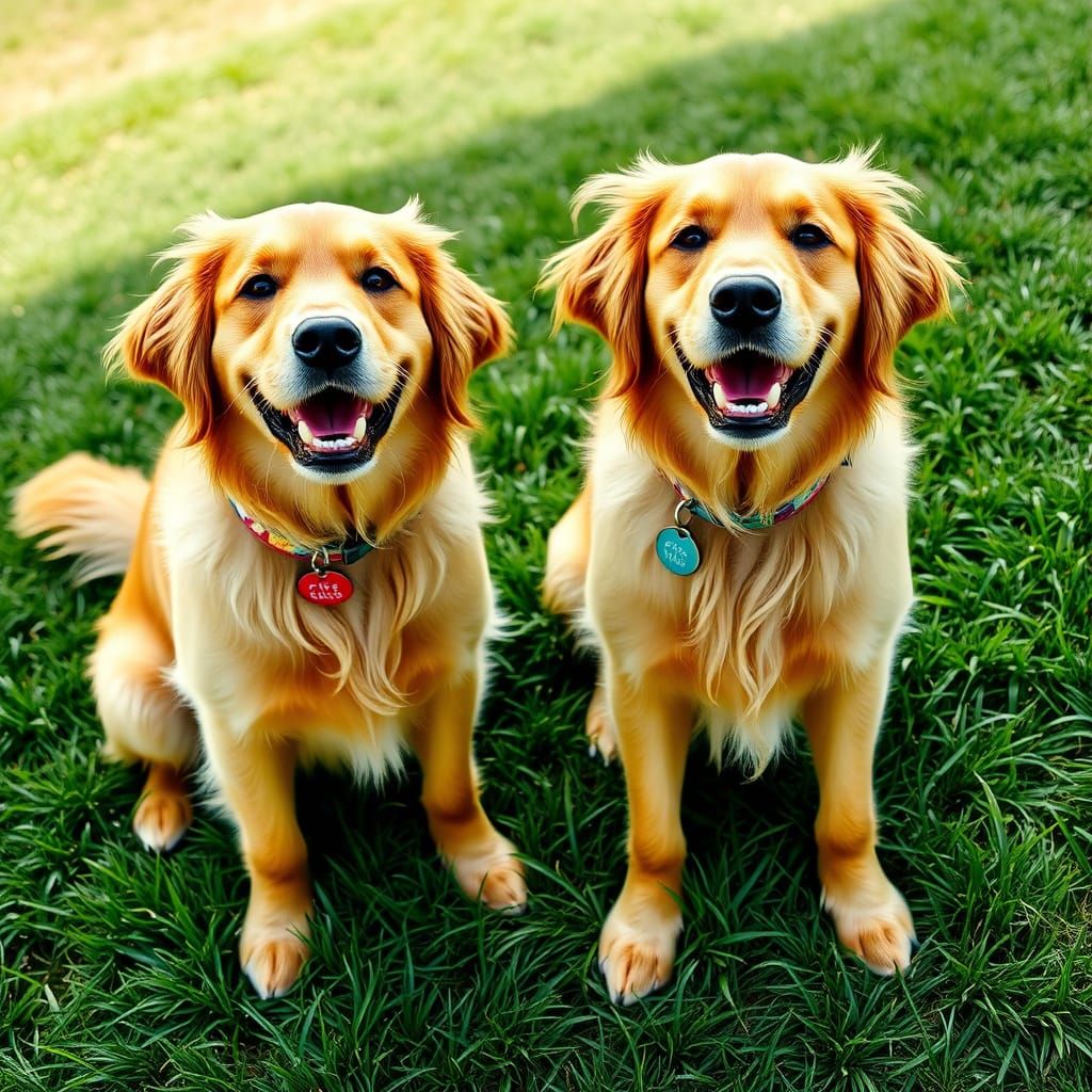 Joyful Golden Retrievers on a Sunny Hillside