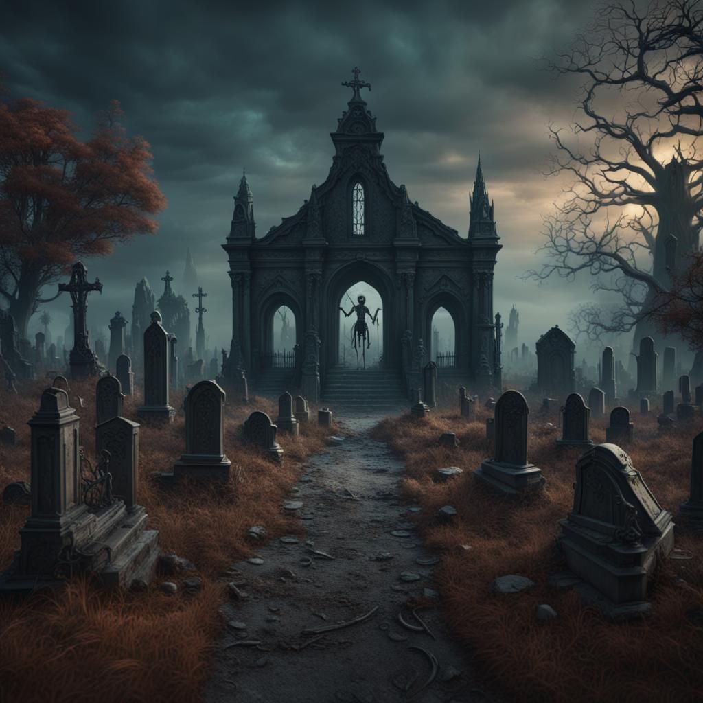 Creepy Graveyard Skeletons in Detailed Matte Painting