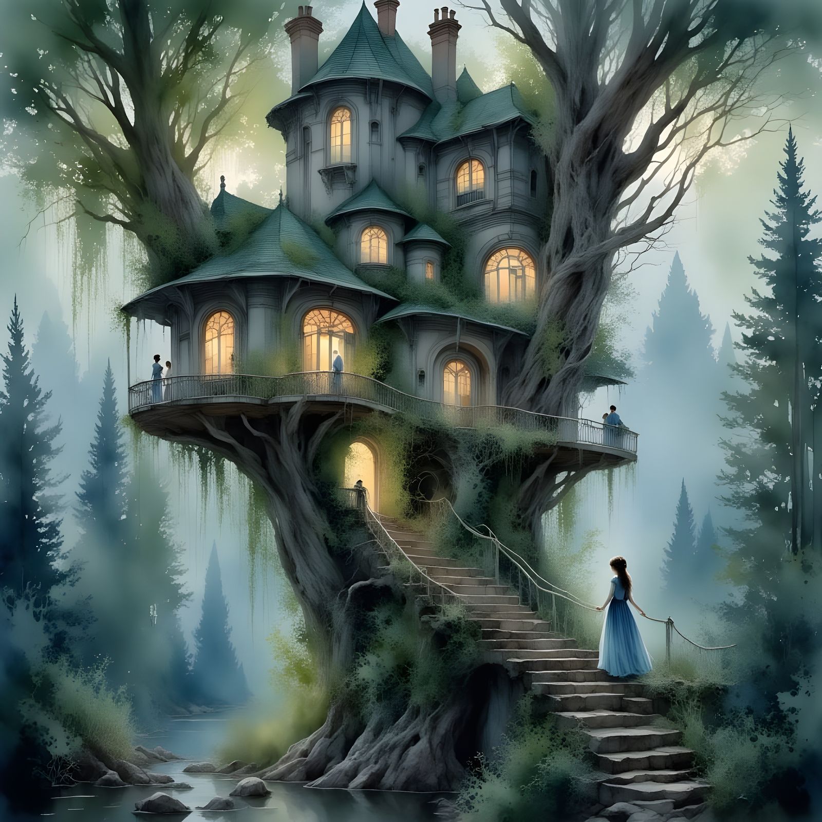 Magical Fairy Village in Rainforest at Blue Hour