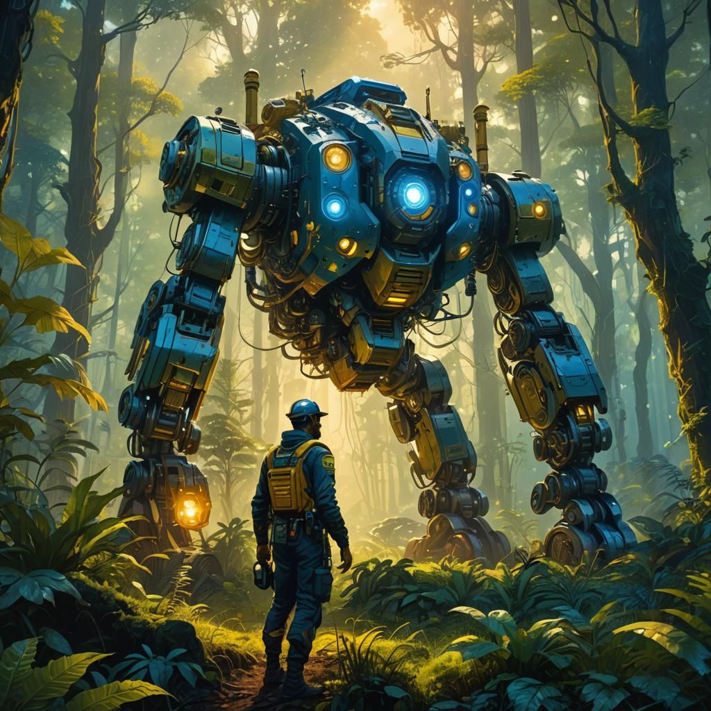 Agricultural Engineer in Futuristic Forest: Art Nouveau Sci-...