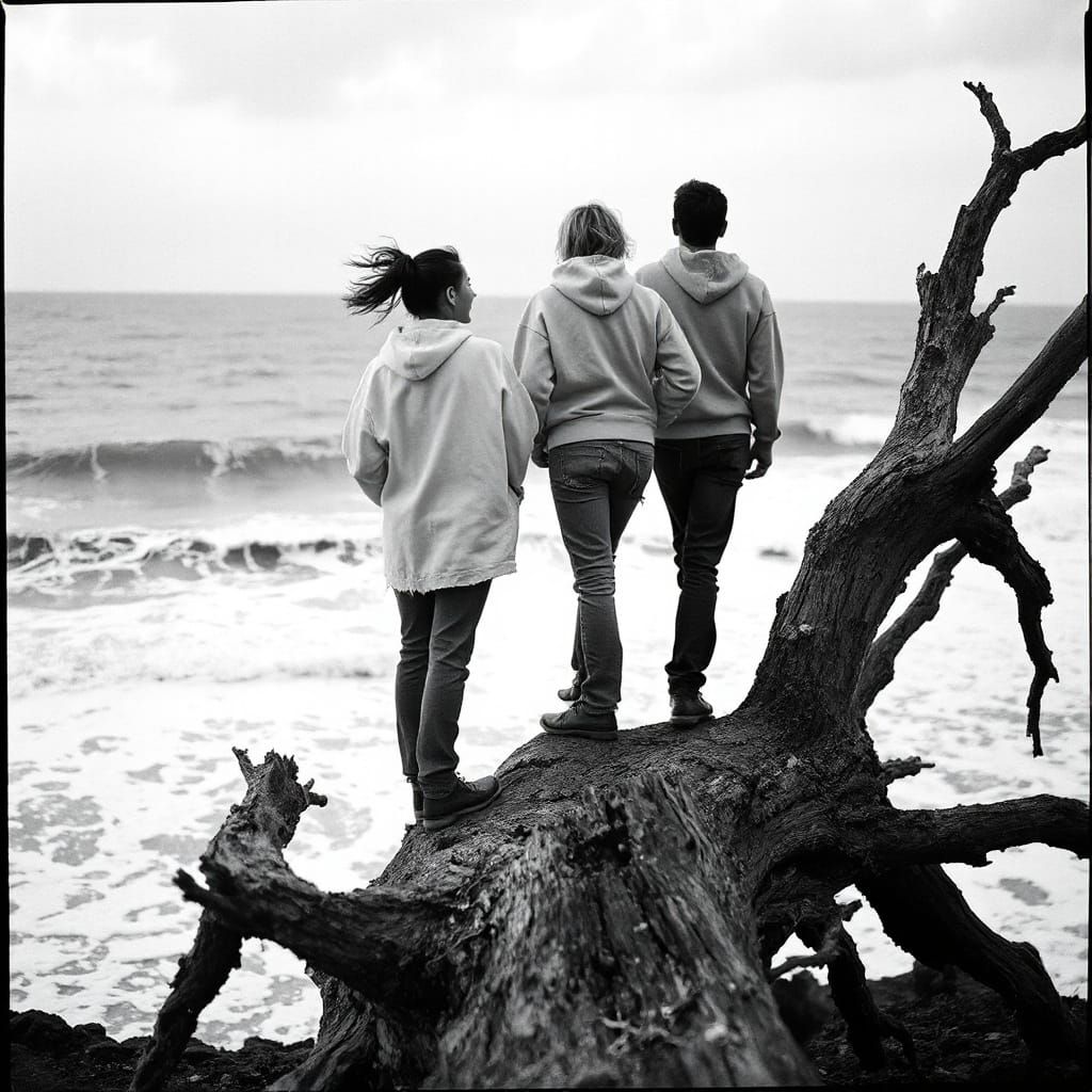 Joyful Figures on a Weathered Tree, in High-Contrast Graysca...