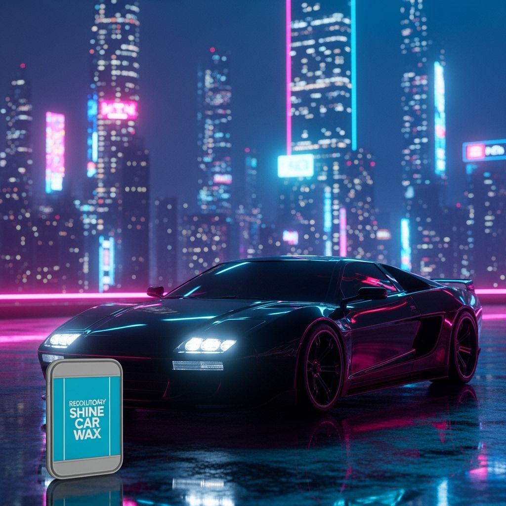 Futuristic Car Wax Ad: Gleaming Sports Car in Cyberpunk City
